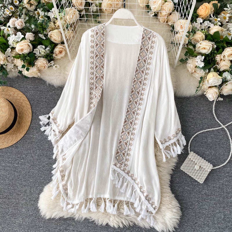 Bordado Étnico De Algodão Branco Kimono Mulher Blusa Longa Cardigan Ssummer Boho Beach Tassle Bohemian Bikini Cover Up