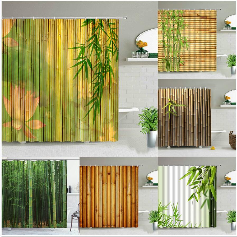 Cortina Verde Amarelo Bambu De Lótus Cortinas De Banho Flor Natural Cenário Tecido Fundo D...