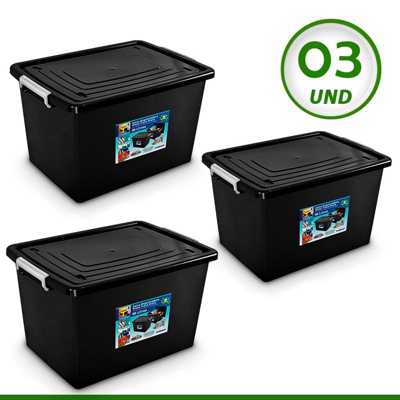 Kit 3 Caixas Organizadoras 56 Litros Preta Arqplast Super Oferta