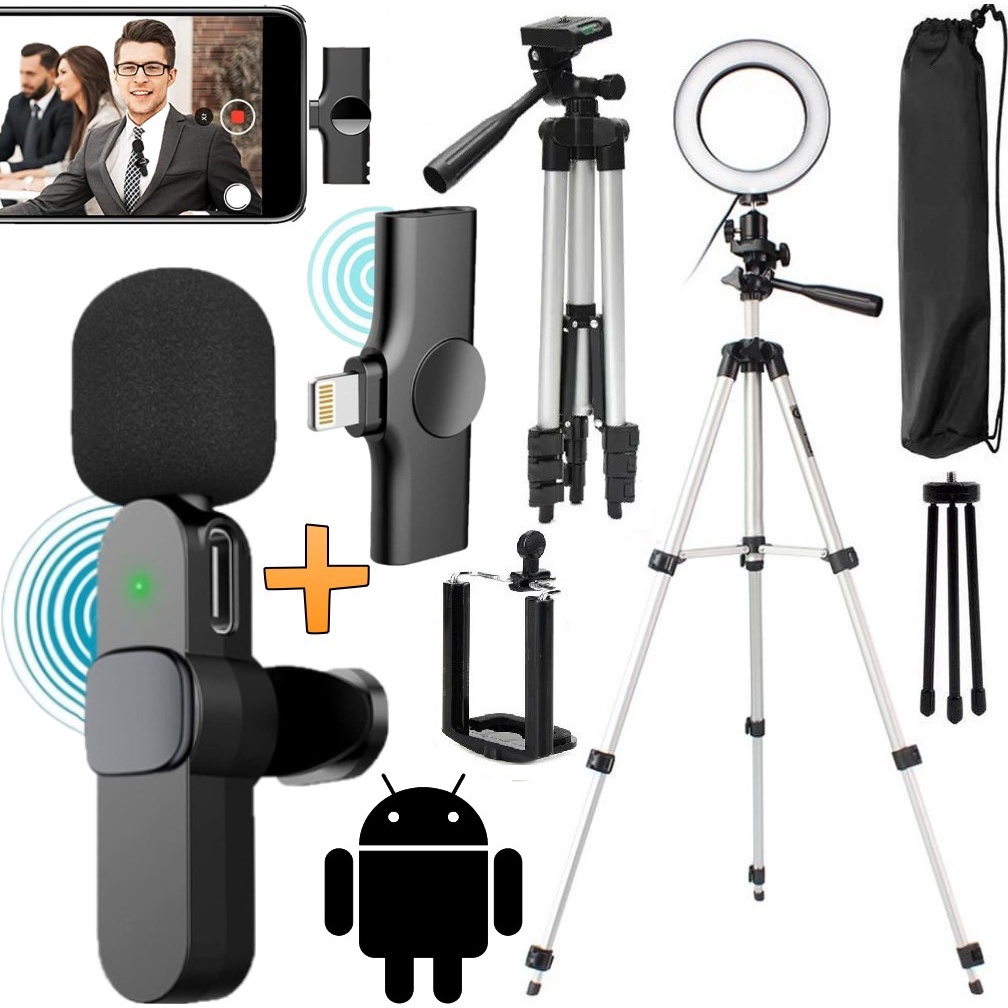 Kit Blogueiro Tripé Câmera Suporte de Celular + Microfone Sem Fio Android Filmagem Luz Led Ring Light Foto Vídeo Selfie