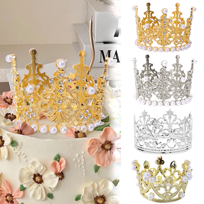 [Destaque] Coroa Decoração De Bolo Mini Pérola Cristal Princesa Cocar Tema Real Festa De Aniversário De Casamento Acessó