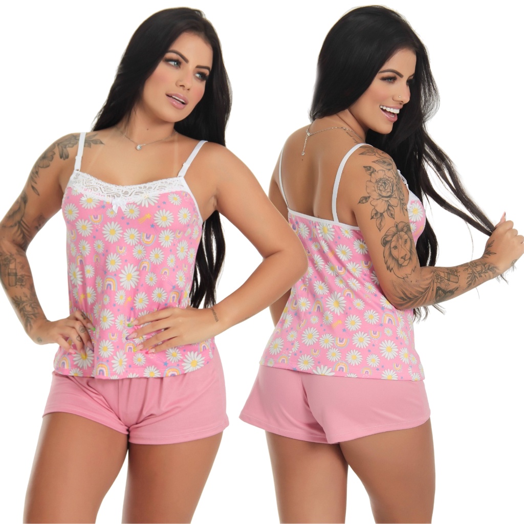 Baby Doll de Suede Short Doll Feminino Estampado Pijama Feminino detalhe em renda luxo