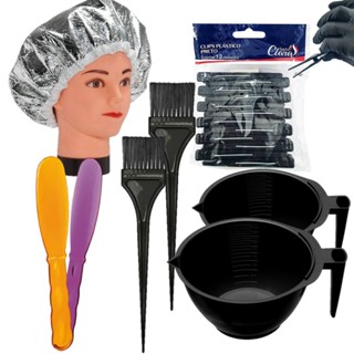 Kit Profissional: 2 Espatula, 2 Cumbuca Multi Uso, 2 Pincel p/ Coloração, 1 Pct Clips Capilar e 1 Touca Térmica.
