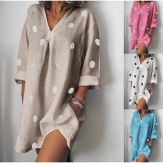Linho De Primavera Outono Solto Polca Em V Com Pescoço Ponto Impresso De Três Trimestres Vestido De Senhora Dividido