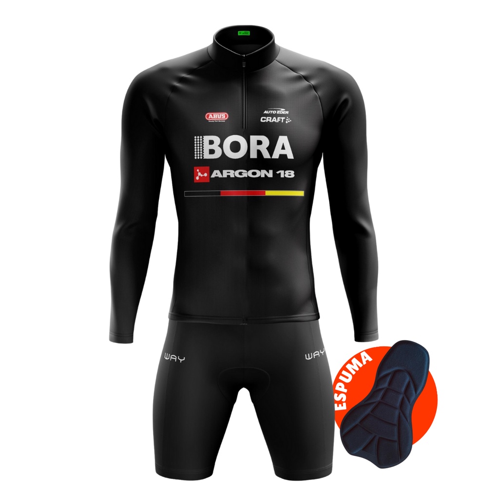 Conjunto Ciclismo Masculino Camisa Bora Manga Longa e Bermuda Acolchoada Forro Espuma