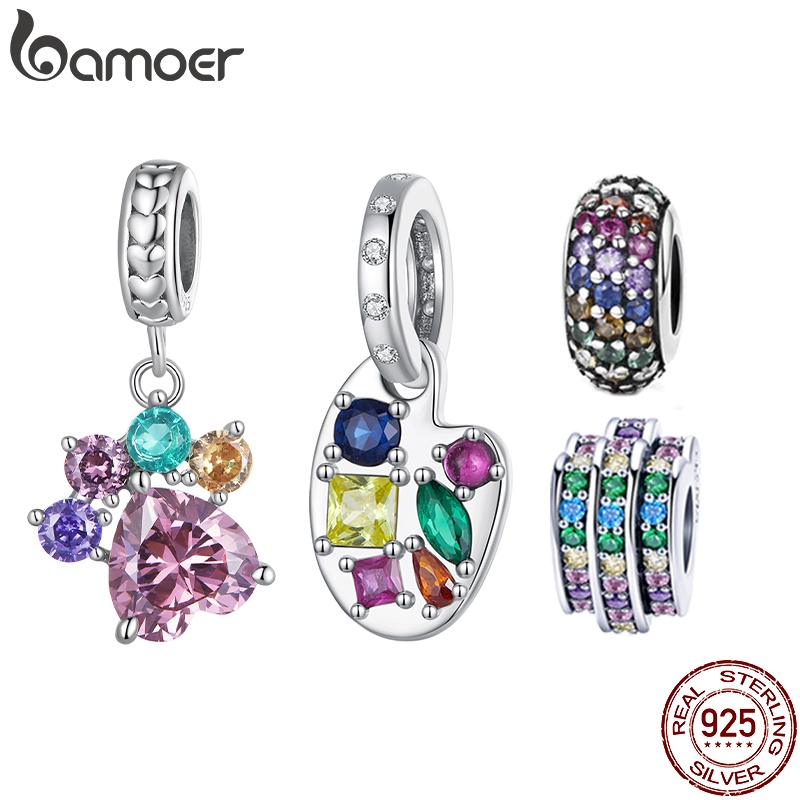 Bamoer Silver 925 Pingente Colorido Com Paw and Palette Beads Encaixam Pulseira Acessórios De Moda SCC2478