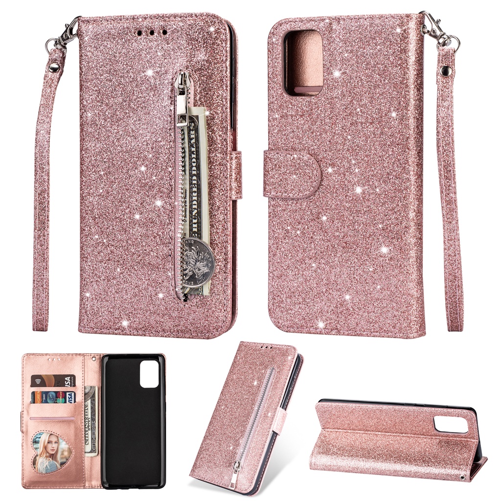 Estojo De Telefone Flip Para Samsung Galaxy M13 M31 M30S M21 M51 M40 M20 Folha De Prata Glitter Cordão Magnético De Proteção Da Carteira