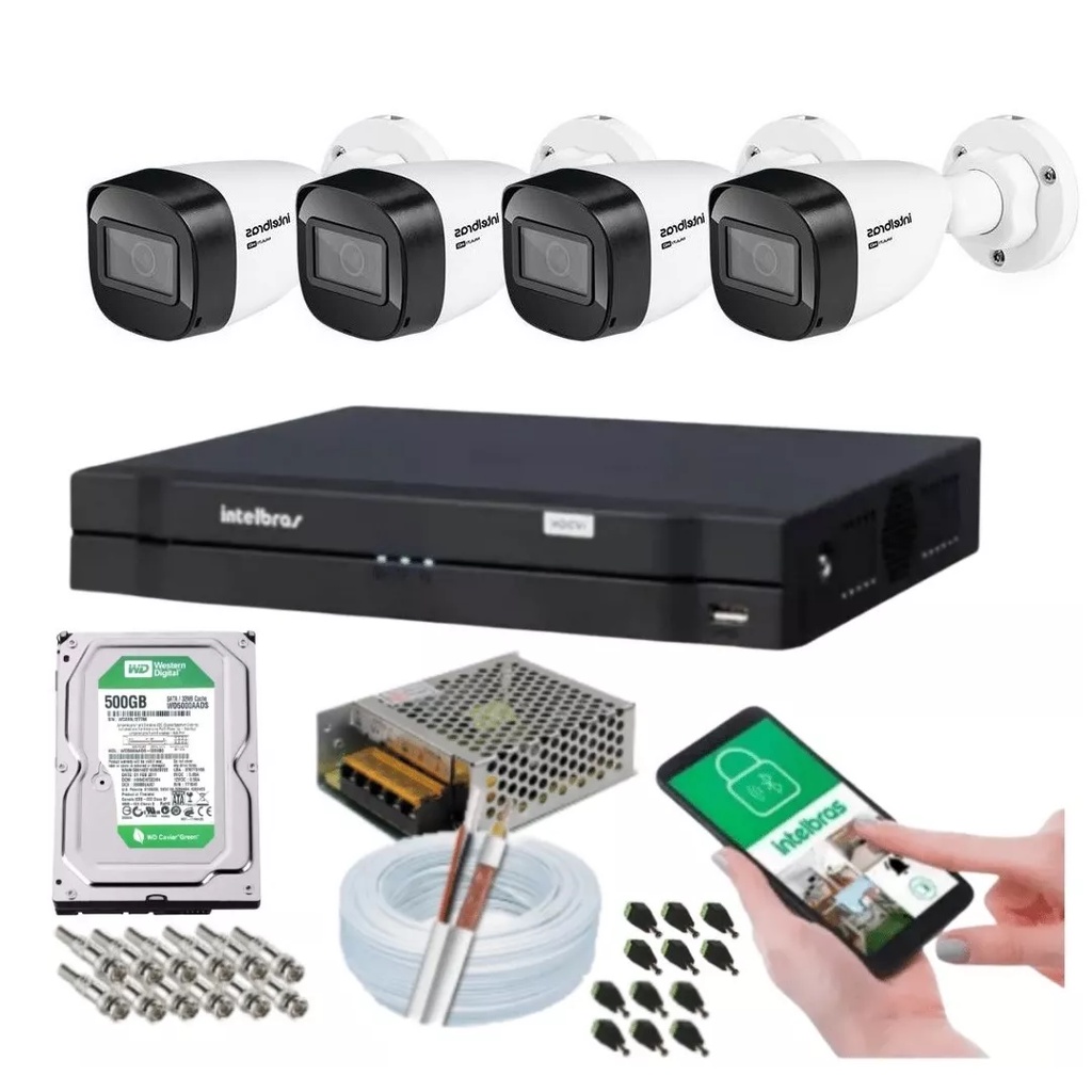 Kit 4 Camera de Seguranca Intelbras Bullet 30m vhd 1130b Externa Dvr 4 canais multi hd