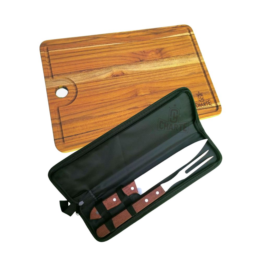 Kit Churrasco Tábua de Carne Madeira Estojo Faca e Garfo Conjunto Churrasqueiro em Oferta na Shopee