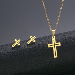 HIPHOP Colar E Conjunto De Brincos Em Aço Inoxidável Banhado A Ouro Esculpido Cruz