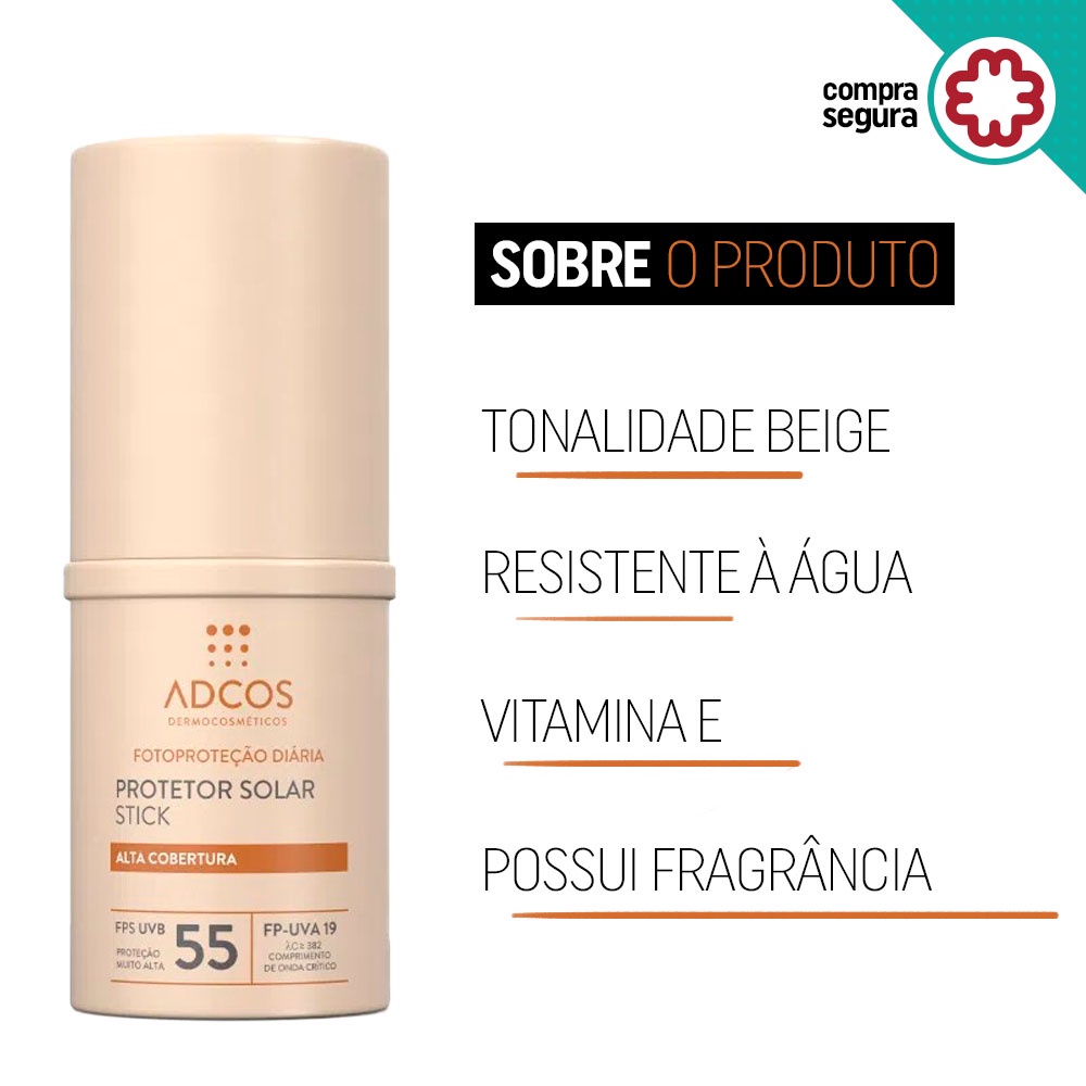 Protetor Solar Adcos Tonalizante Base Stick Efeito Mate Antioxidante Hidratante e Proteção FPS55 (17g) - Váriedades de Tons