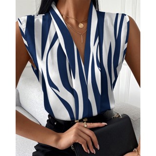 Blusa Feminina Elegante Camisa Branca Sem Manga De Verão Com Decote Em V Azul Listrado Casual Camisas De Escritório Lady Slim Tops Roupas Femininas