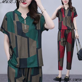 Conjunto de roupas femininas de tamanho grande de mm gordo 2023 novo vestido de verão da mãe conjunto de duas peças que cobre a barriga e reduz a idade, manga curta de duas peças conjunto de capa de barriga 2023 novo conjunto fino H6KS