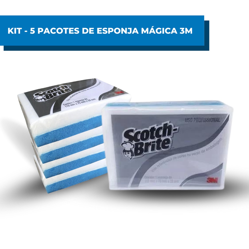 Kit Com 5 Esponjas Mágicas Scotch-Brite 3M Para Limpeza Pesada Lava Louças Remove Manchas e Sujeiras
