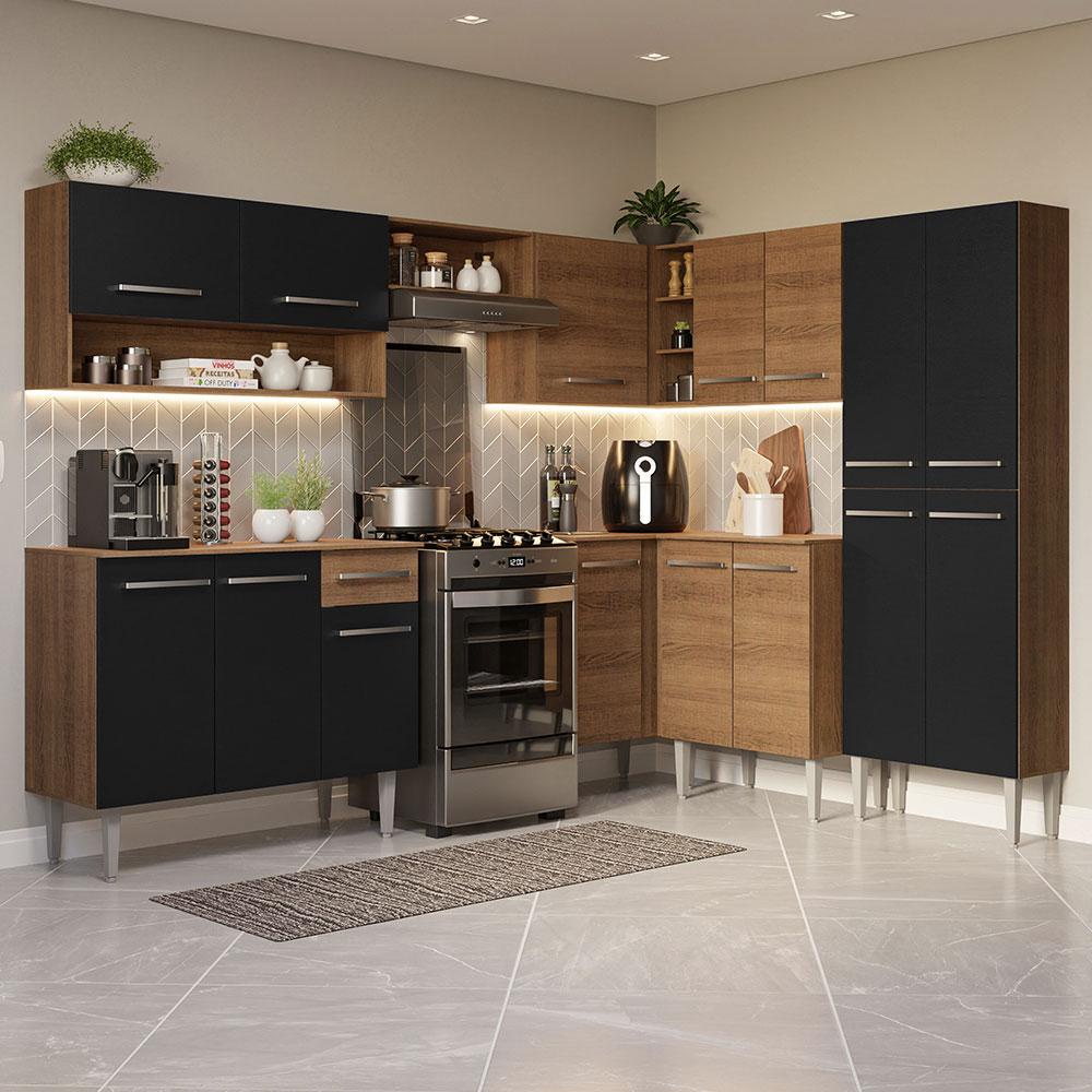 Armário de Cozinha Completa de Canto 417cm Preto/Rustic Emilly Madesa 02 - Home & Living