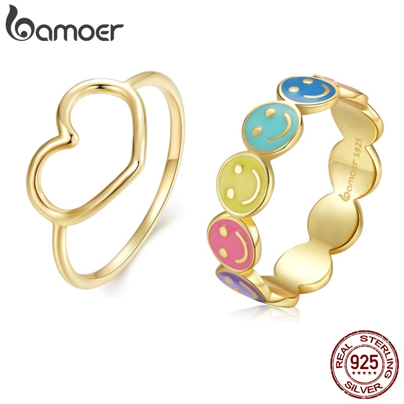 Anel Bamoer Ring 925 Silver Smiley Face Finger Rings Ouro Jóias De Moda Feminina BSR220 em Oferta na Shopee