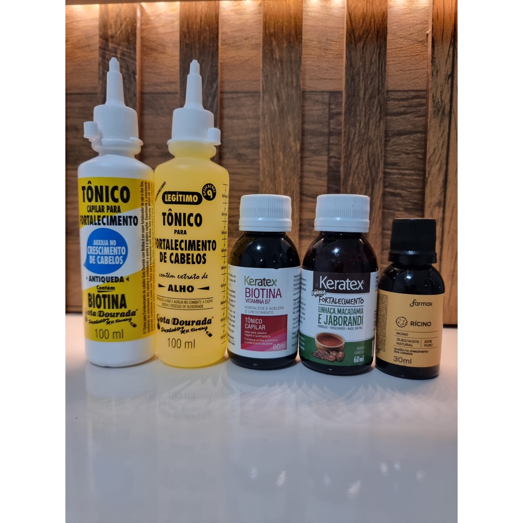 KIT CRESCIMENTO CAPILAR ACELERADO  (TÔNICO DE ALHO 100ML GOTA DOURADA+TONICO BIOTINA 100ML GOTA DOURADA+KERATEX BIOTINA B7 60ML+ÓLEO KERATEX JABORANDI FORTALECIMENTO +ÓLEO DE RÍCINO CONCENTRA 30ML)