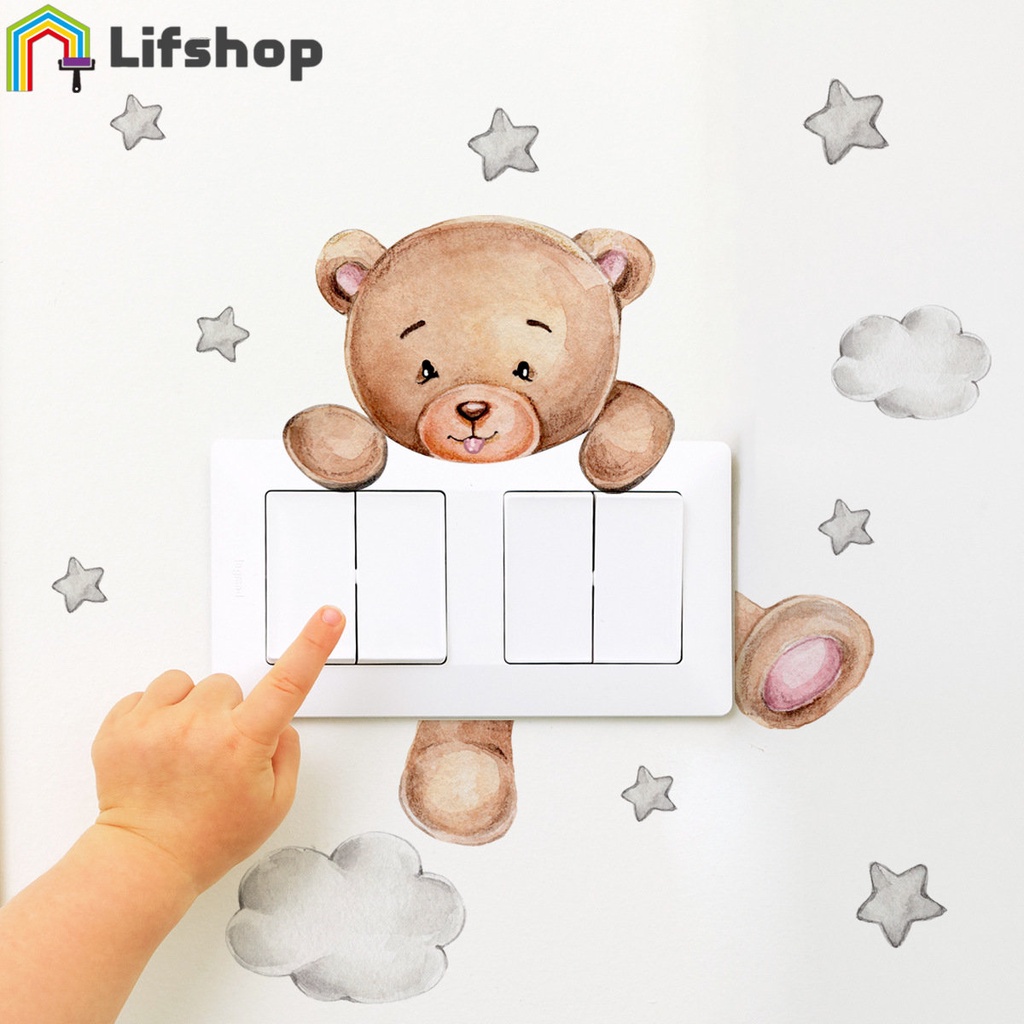 Decalque Mural Autocolante De PVC Fofo Papel De Parede Urso De Cartoon Kid Baby Bedroom Decor Com Estrelas Tomada De Energia Criativa