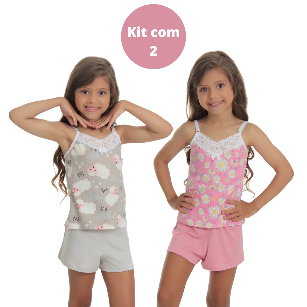 kit 2 Pijama Infantil Curto Baby Doll Estampado Short suede Doll Alcinha ajustável