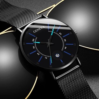 Calendário De Genebra Homens Observam Faixa De Malha De Couro Relógios Balck De Quartzo De Aço Inoxidável