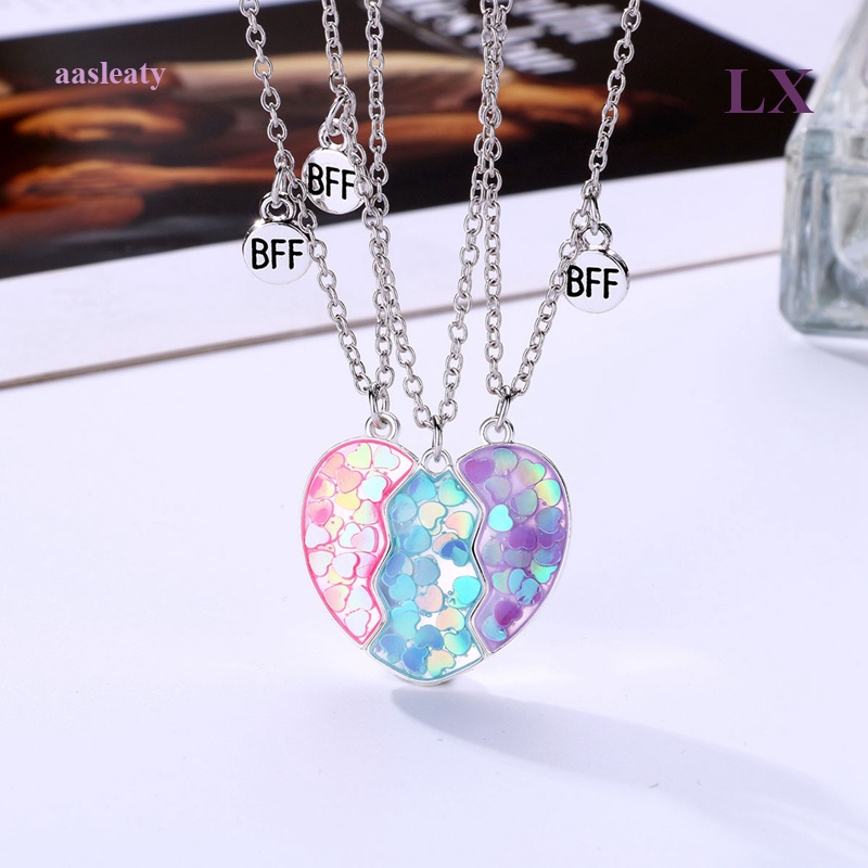 LX 3pcs/Set Best Friends Sequin Heart Pendant Conjunto De Colar De Pedra Magnética