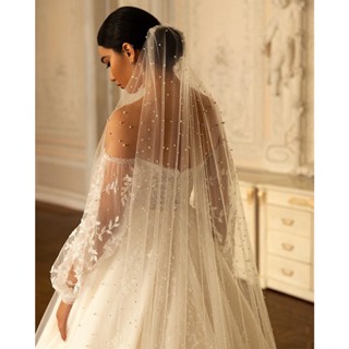 TOPQUEEN Pérolas Véu De Casamento Com Pente 100 % Feito À Mão Acessórios Contas 3M Catedral Luxo Elegante V05