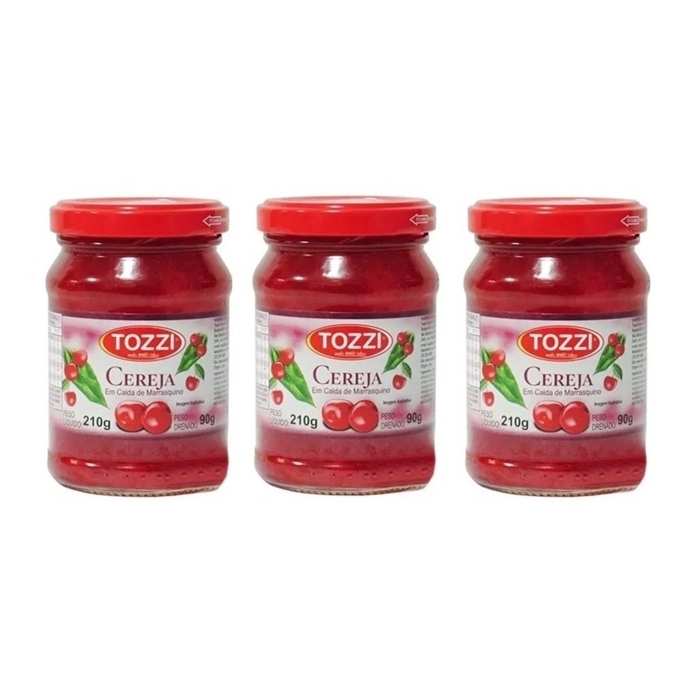 Kit 3 Cereja Em Calda Marrasquino Drenado Vidro Tozzi