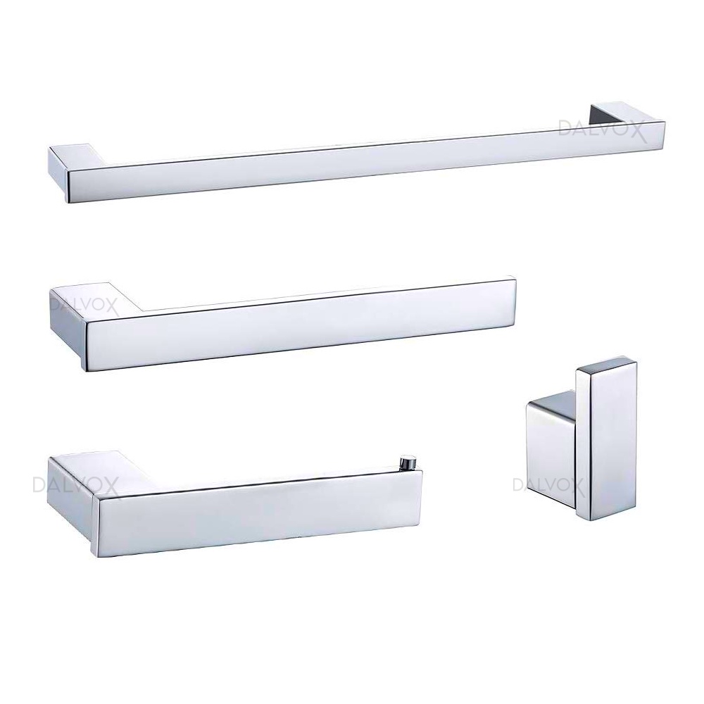 Kit Banheiro Acessórios Inox Polido Cromo Toalheiro Simples, Toalheiro de Rosto, Papeleira e Gancho Cabideiro