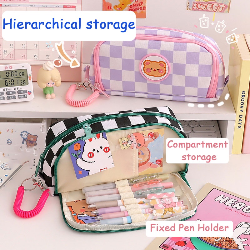 Estojo Estilo Lápis Xadrez De Papelaria kawaii De Grande Capacidade Japonês E Coreano Material Escolar