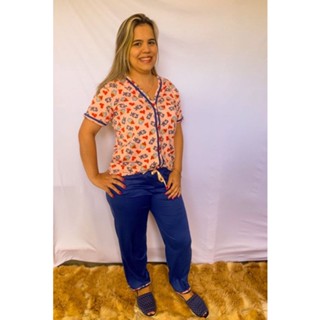 Pijama Estampado Meia Manga com Calça Americano para usar no Pós Cirurgico e Amamentação