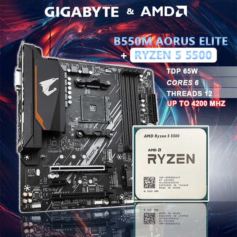 AMD Ryzen 5 5500 R5 5500 CPU GIGABYTE GA B550M AORUS ELITE placa-mãe ...