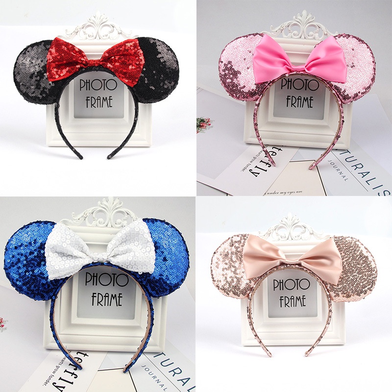 Acessórios Para Cabelo Europeu Americano Fita De Cabeça Disney Sequined Bow Mickey Black Ear Headband Minnie Hairpin