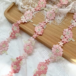 1 Jarda Rosa Renda Tecido Bordado Flor Guarnições Para Vestidos Decorativos 3.6 Cm De Largura