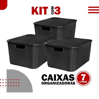 Kit Com 3 - Cesto Caixa Organizadora Rattan - 7 Litros - Com Tampa - Preto
