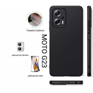 Kit 4 en1 película vidro temperado para G53 g54 G14 g51 +Vidro de câmera moto G73 G53 G32 G23 G84 +Traseira de Carbono+ case capa coque funda silicone líquido macio case de volta para motorola moto g23 Capa Silicone Moto G23 4G