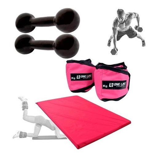 Kit Treino Funcional em Casa  - Colchonete + Par Caneleira Profissional 3kg + Par Halter Emborrachado 3kg