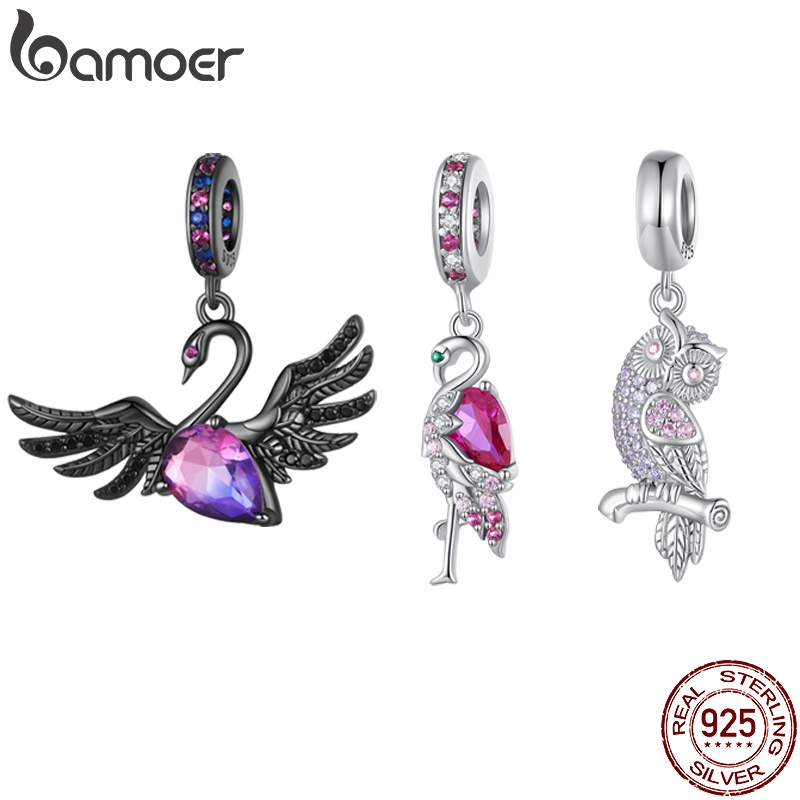 Bamoer 925 Silver Sterling Animals Pingente De Coruja E Cisne Preto Presentes Simples De Contas SCC2490 - Fashion Accessories