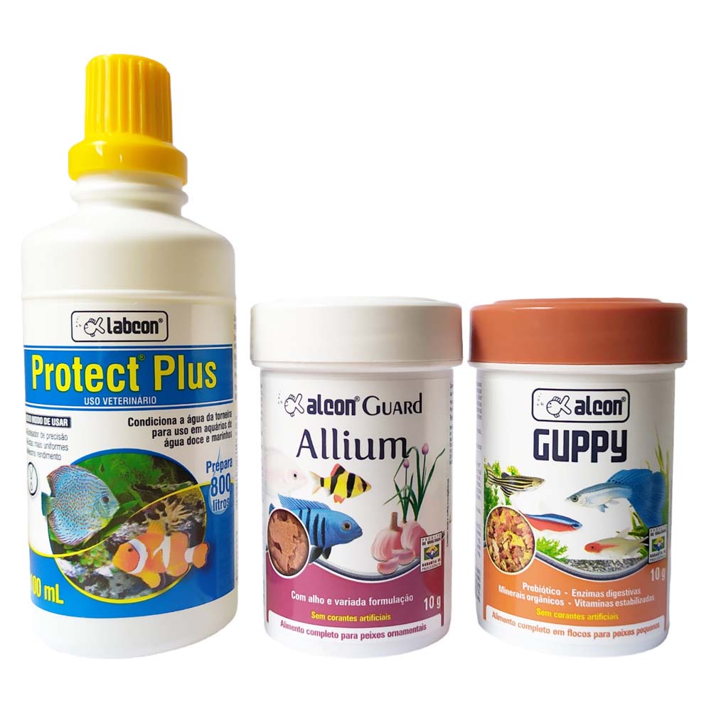 Kit Ração Para Peixe Alcon Guppy, Allium 10g e Protect Plus 100ml