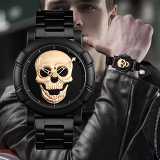 Para Relógios De Pulso Masculinos De Quartzo 3D Skull Head Tainless Steel Marca De Luxo Steampunk Rock Sport Relogio Moda
