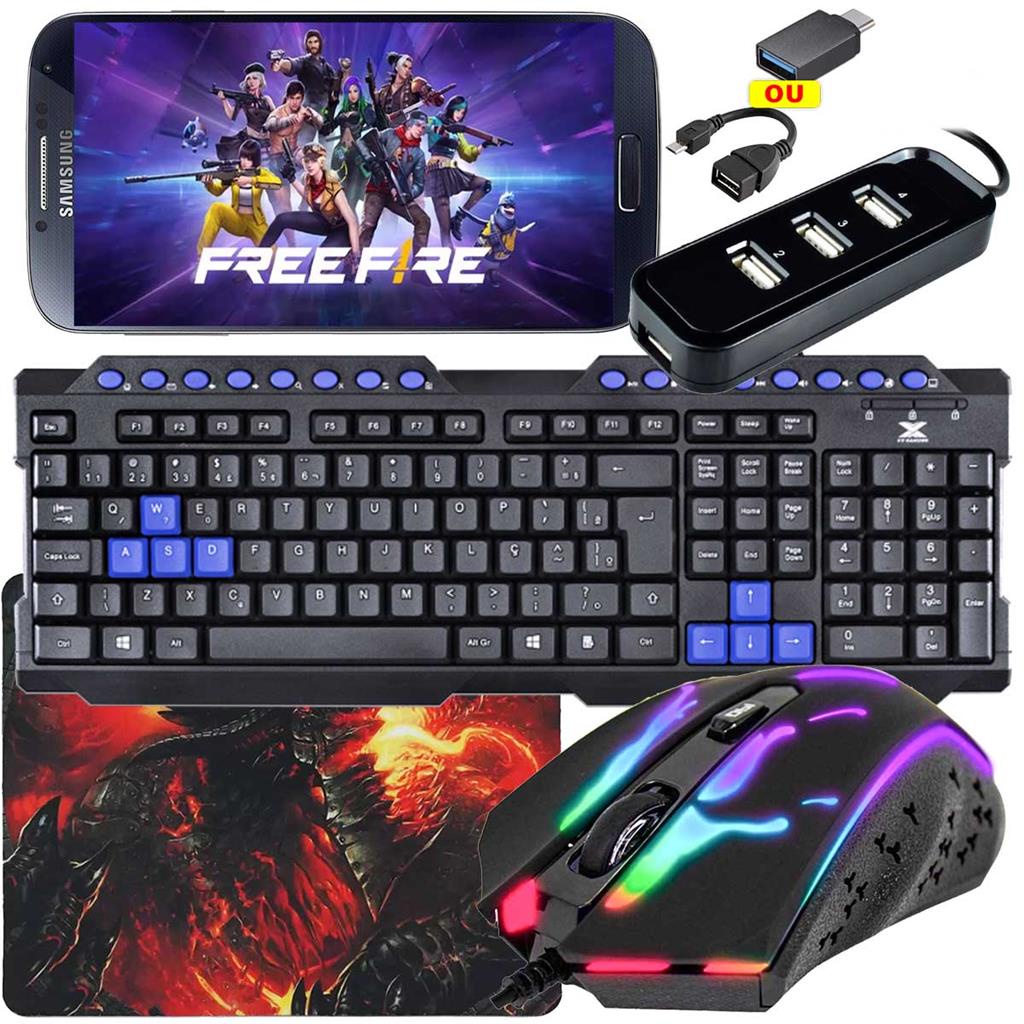 Mobilador Gamer Com Teclado Teclas Azuis Destacadas + Mouse Para Jogos + Pad Speed + Hub Usb 4 Portas