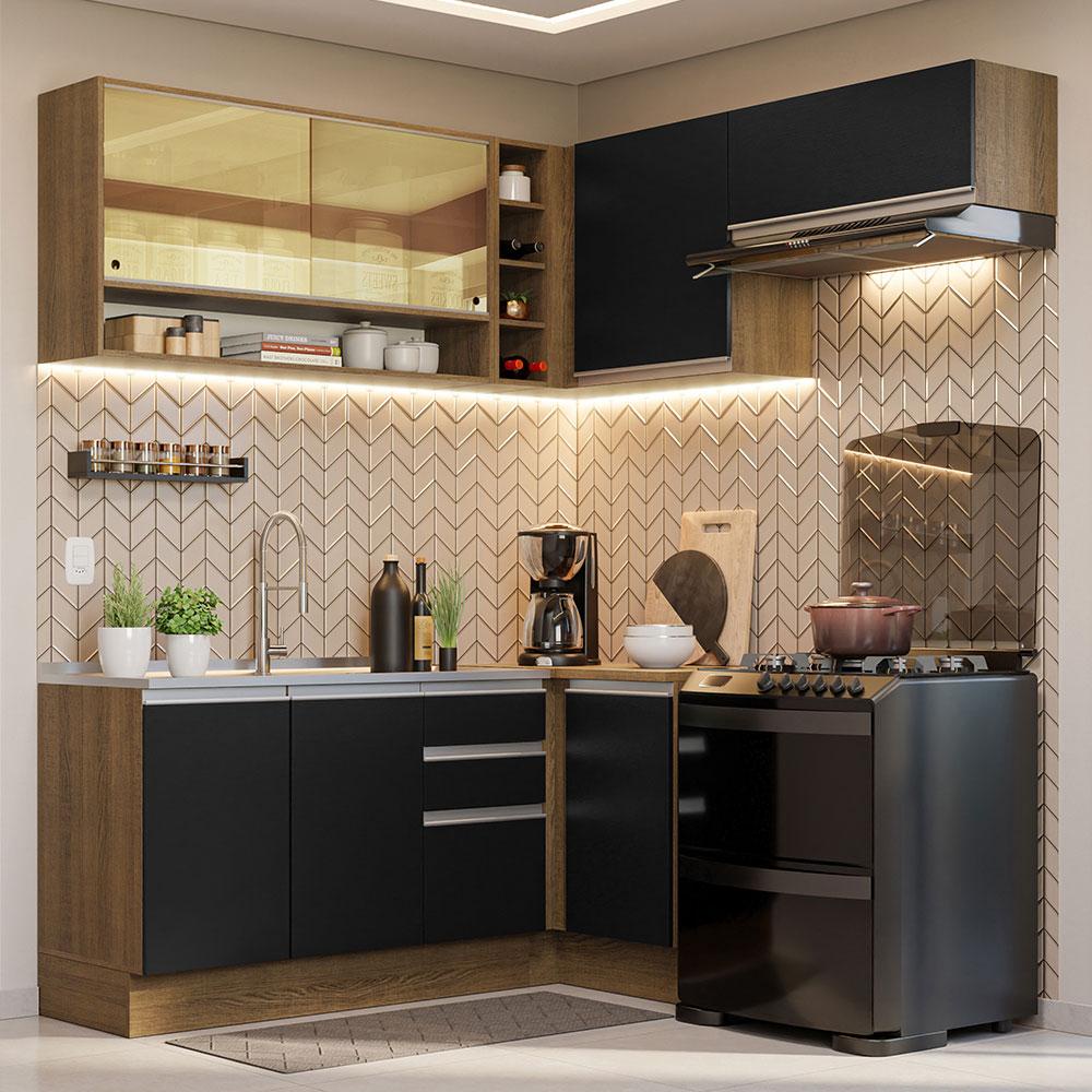Armário de Cozinha Completa de Canto 349cm Rustic/Preto Glamy Madesa 06 em Oferta na Shopee