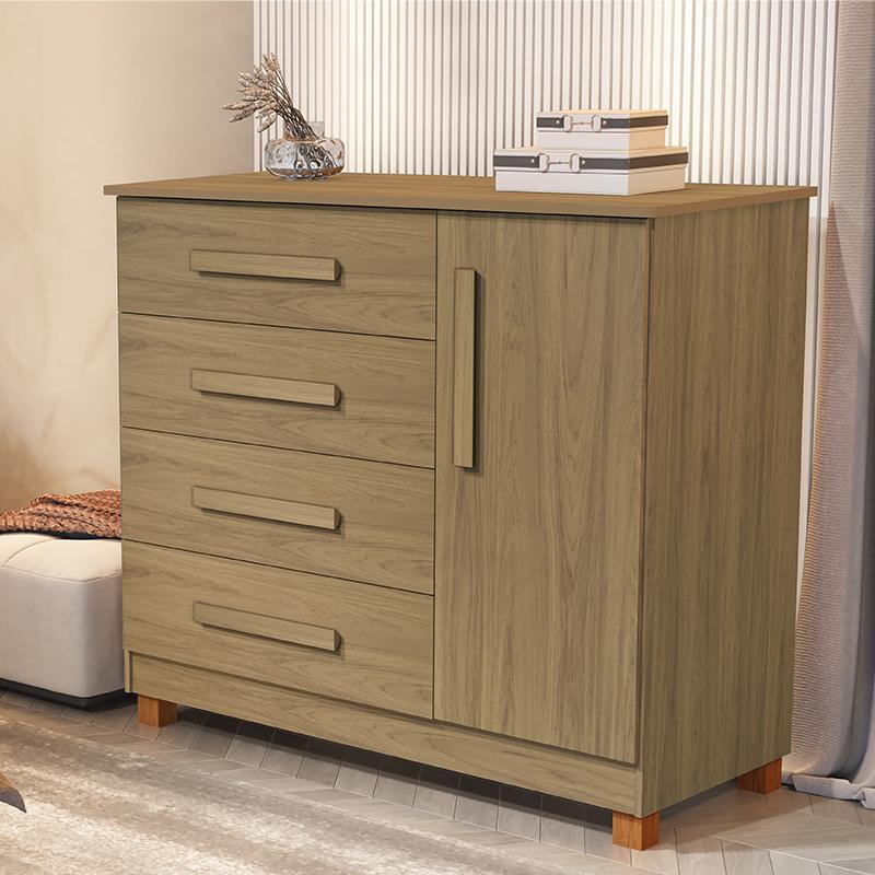 Comoda Grecia Quarto 4 Gavetas 1 Porta e Pés Madeira Maciça em Oferta na Shopee