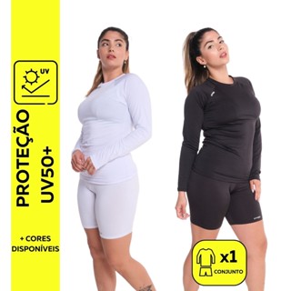 Conjunto Unissex Camiseta Longa e Bermuda Térmica Segunda Pele Snugg Proteção UV50 Fitness Academia