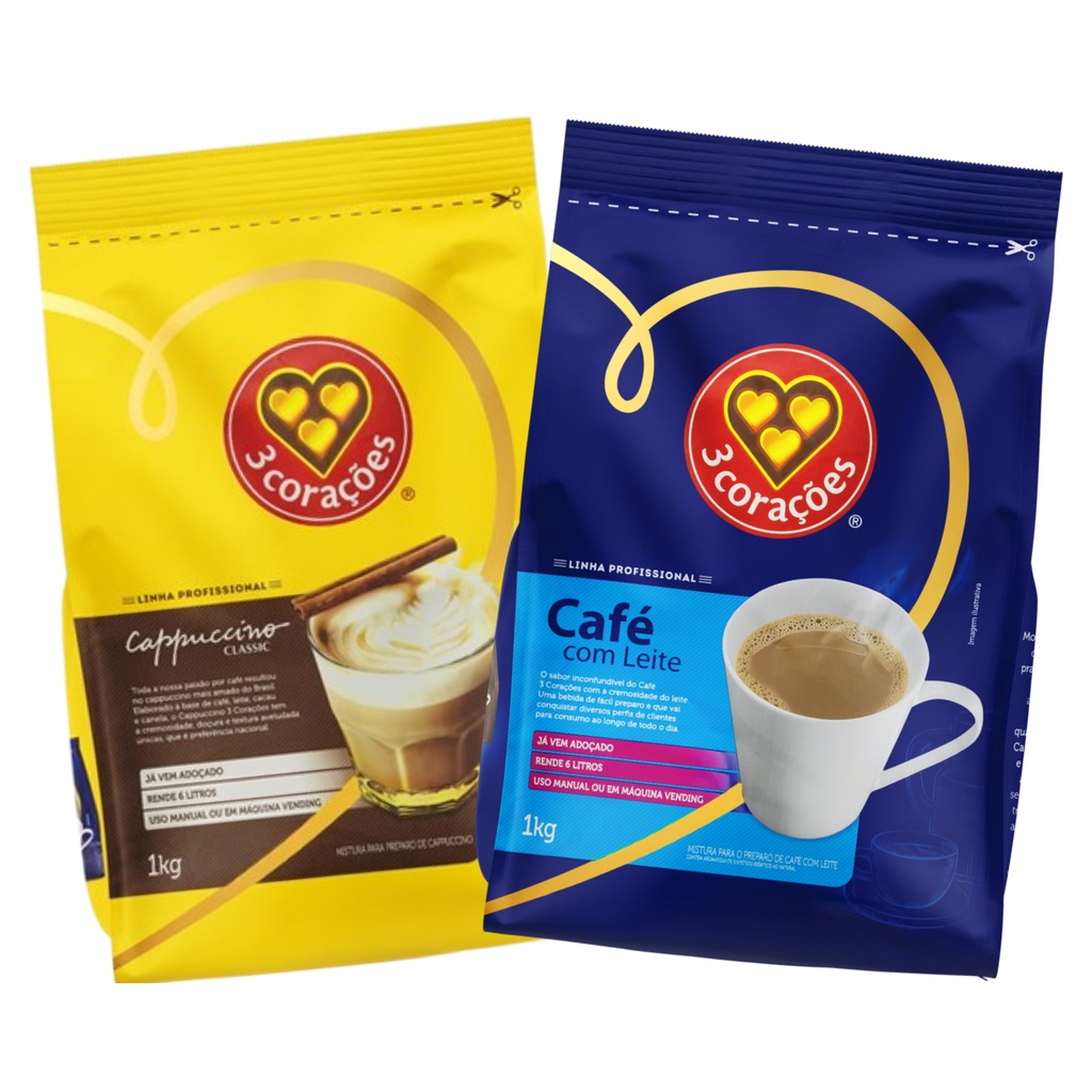 Cappuccino 1kg + Café com Leite Em Pó 1kg 3 Corações Vending Solúvel Instantâneo Embalagem Econômica