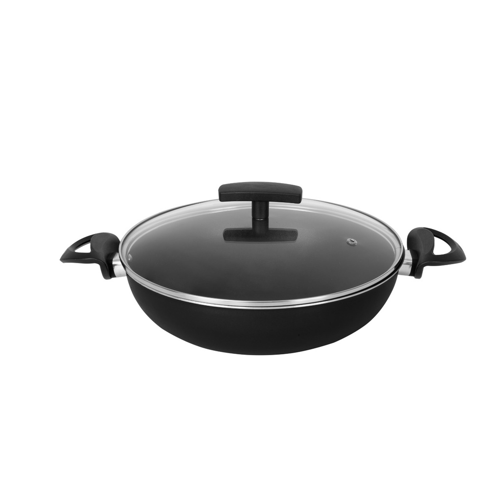 Frigideira Wok Antiaderente Panela com Tampa de Vidro 26 cm Duas Alças