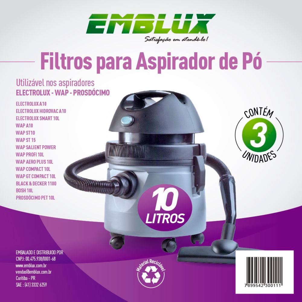 Kit 03 Filtros para Aspirador de Pó Electrolux Wap Bosch e Outros A10 10 Litros