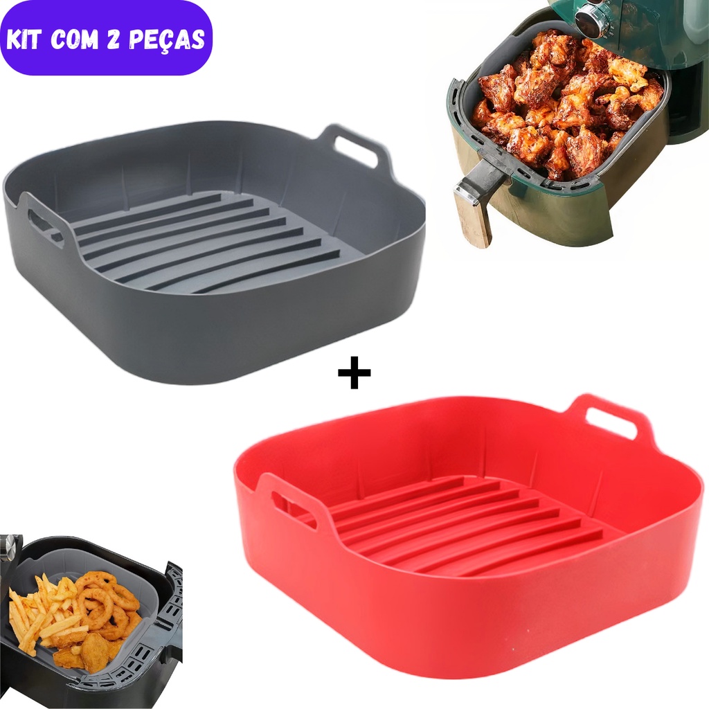 Kit 2 Forma de Silicone Air Fryer Assadeira Fritadeira Quadrada Antiaderente Grossa