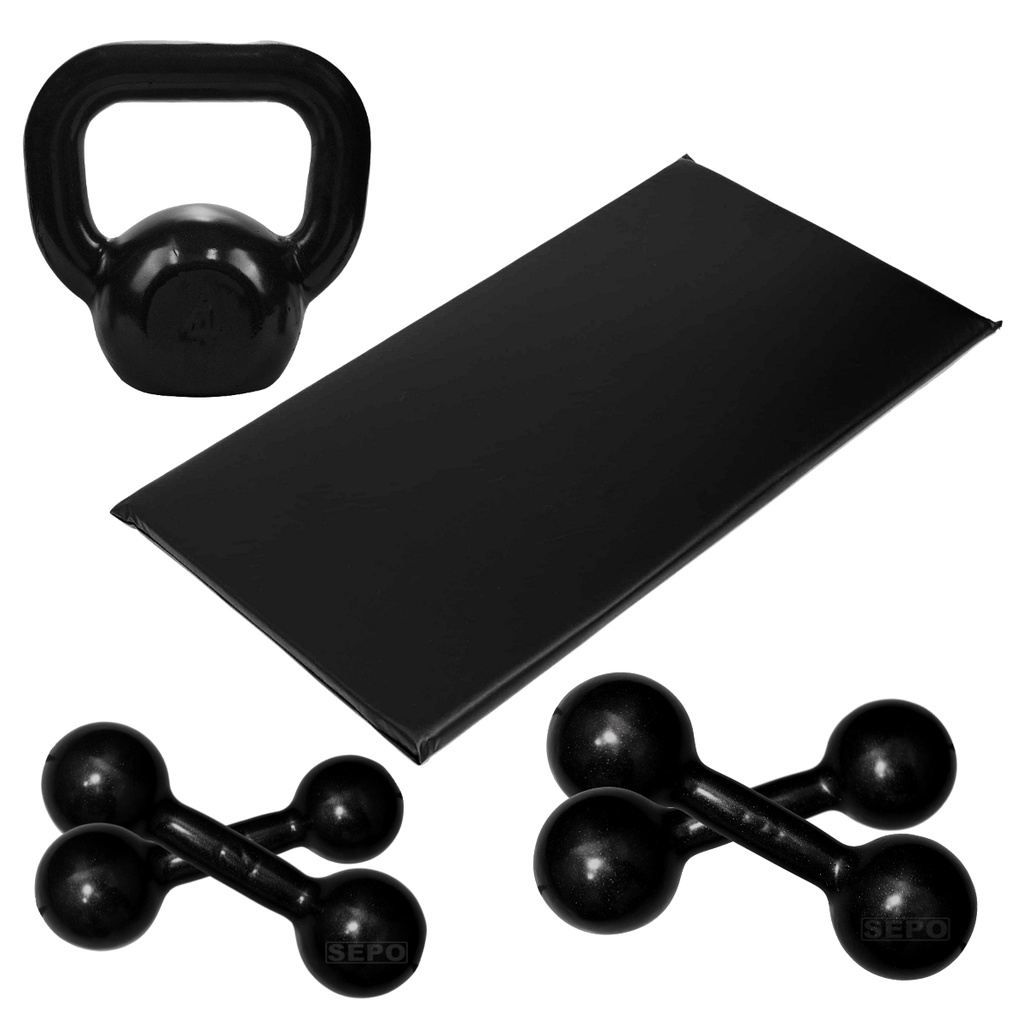 Kit Aeróbico Fitness com Halteres Par 2Kg e 3Kg + Kettlebell 4Kg + Colchonete