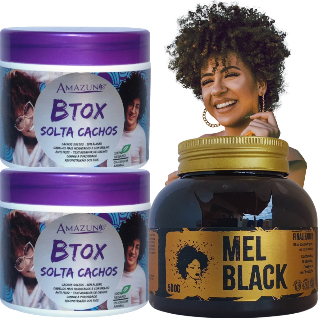 Mel Cola Finalizador de Cachos Mel Black 500g + 02 Botox Solta Cachos Anti Frizz 500g Amazun
