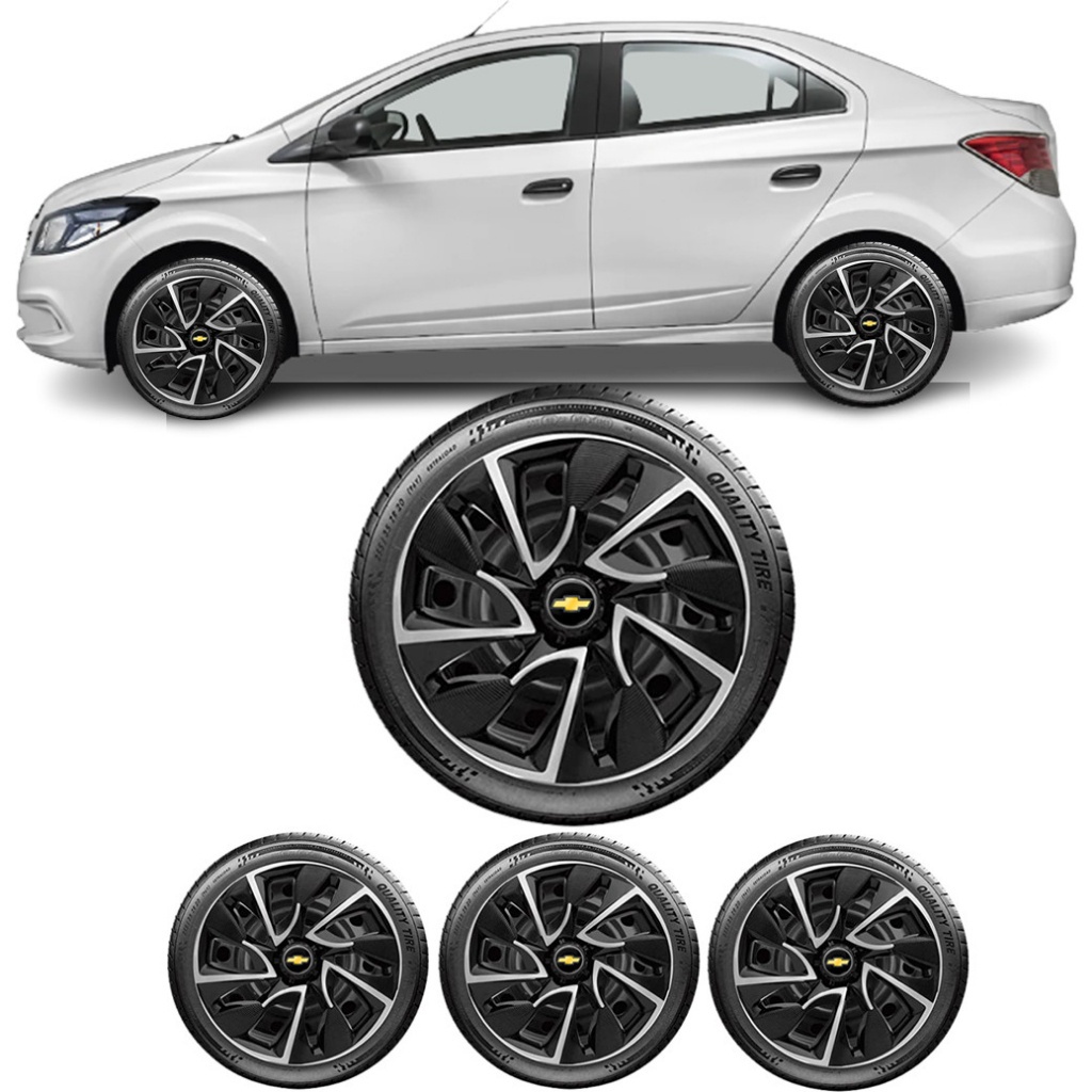 Jogo 4 Calotas Esportiva Ds4 Preto/Prata Aro 15 GM Chevrolet Prisma 2014 2015 2016 2017 2018 2019 2020 2021